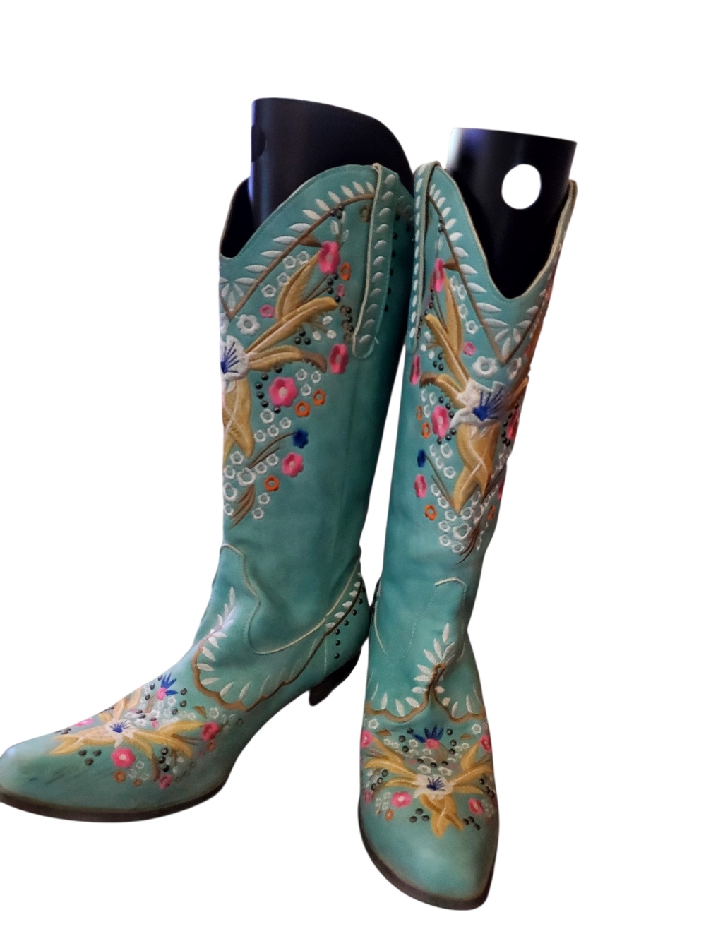 Turquoise Embroidered Western Heeled Boots